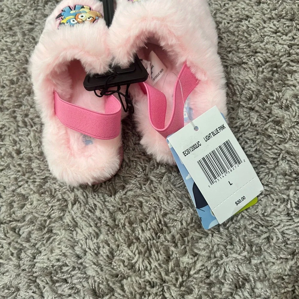 Bluey Bingo little Girls Pink Faux Fur Slingback Slippers Ground Up Sz Large New